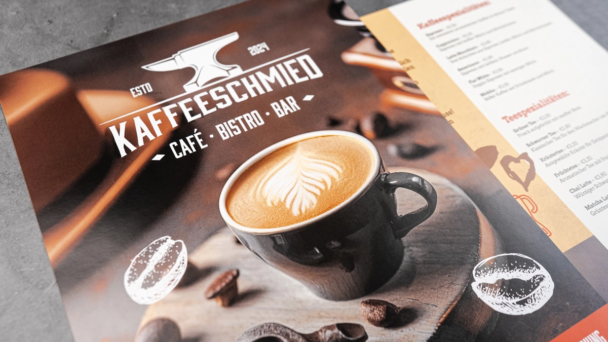 Imagen Flyer de una cafetería en papel cuché mate, con un café con leche y la carta de bebidas al lado.