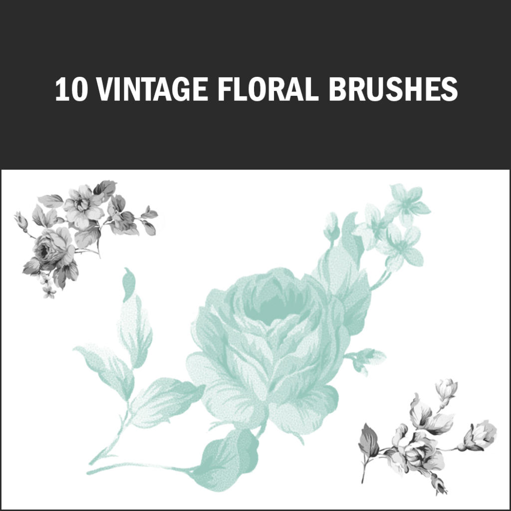 Imagen promocional de arte digital con texto de 10 Pinceles Florales Vintage y la palabra "pinceles de Photoshop" resaltada. Presenta ilustraciones florales detalladas y estilizadas en tonos verdes y grises, incluyendo rosas y pequeñas flores, elegantemente dispuestas sobre un fondo blanco.