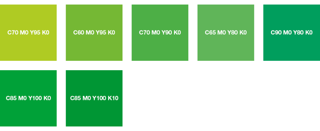 Colores CMYK: verde brillante, verde amarillento y verde