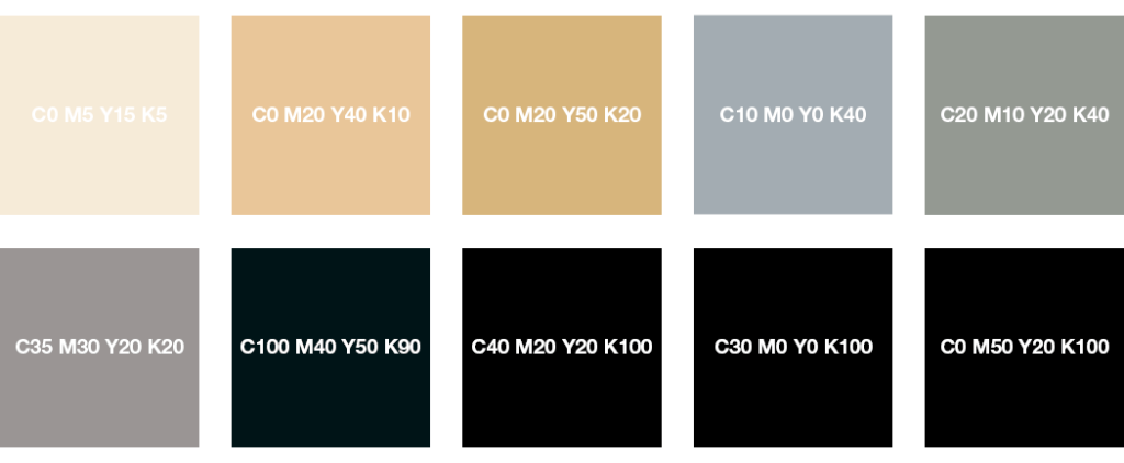 Colores CMYK: blanco crema, beige, gris plata, gris piedra, gris y negro intenso