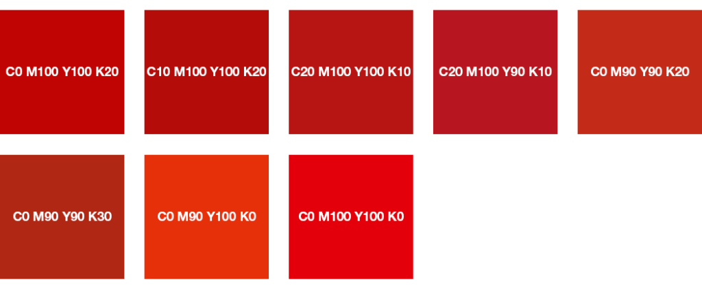 Colores CMYK: Rojo vivo, rojo señales, rojo coral y rojo brillante