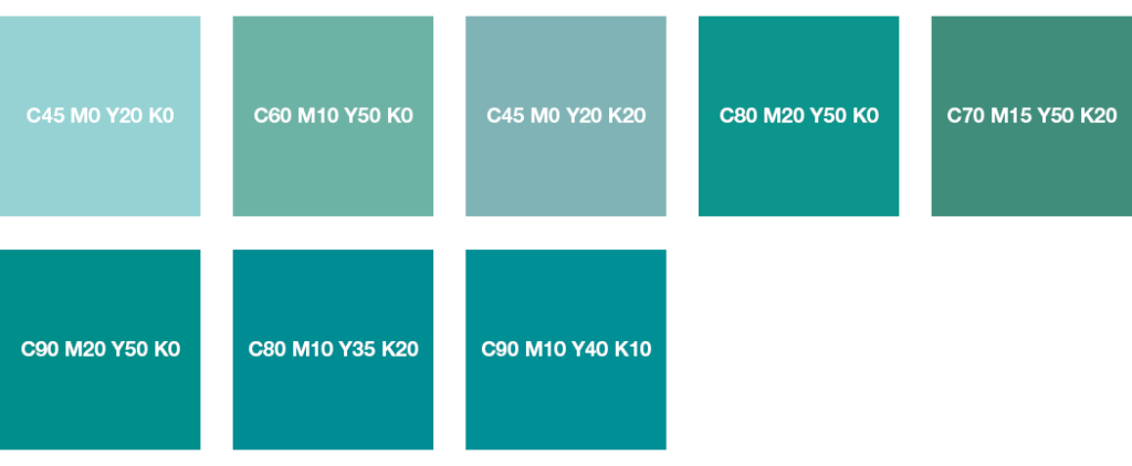 Colores CMYK: turquesa menta, turquesa pastel y turquesa