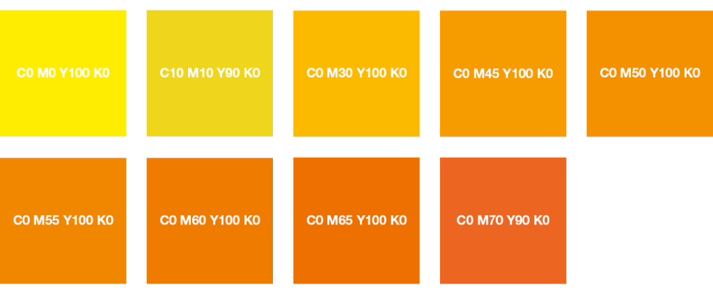 Colores CMYK: amarillo brillante, amarillo limón, naranja y naranja intenso