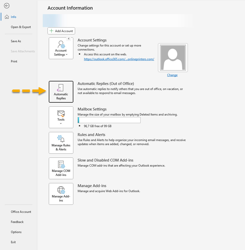 Captura de pantalla - Información de la cuenta de Microsoft Outlook