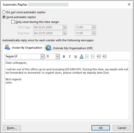 Outlook window for editing the automatic reply