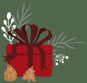 Ilustración de una caja de regalo roja con una cinta marrón, rodeada de bayas blancas, follaje verde y piñas sobre un fondo verde.
